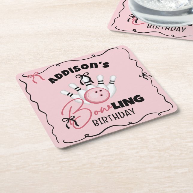 Pink Hand Drawn BOWling Bows Girl Birthday Party Square Paper Coaster (Angled)