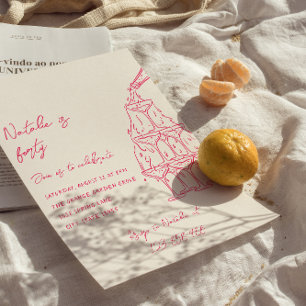 Pink Hand Drawn Champagne Tower 40th Birthday Invitation