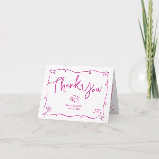 Pink Hand Drawn Doodle Style Graduation White Fun Thank You Card (Front)