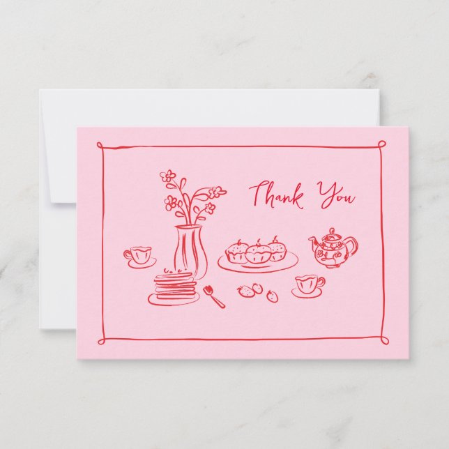 Pink Hand-Drawn Doodles Bridal Brunch Thank You (Front)