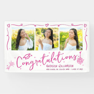 Pink Hand Drawn Doodles Graduation 3 Photo White Banner