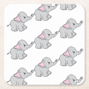 Pink Hand Drawn Elephant Pattern Elephant Cartoon Square Paper Coaster