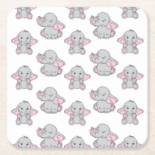 Pink Hand Drawn Elephant Pattern Elephant Cartoon Square Paper Coaster