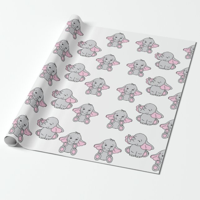 Pink Hand Drawn Elephant Pattern Elephant Cartoon Wrapping Paper (Unrolled)