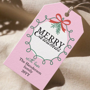 Pink Hand-drawn frame mistletoe Merry Christmas Gift Tags