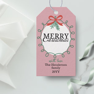 Pink Hand-drawn frame mistletoe Merry Christmas Gift Tags