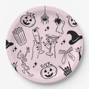 Pink Hand Drawn Halloween Party Paper Plate