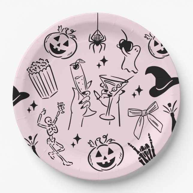 Pink Hand Drawn Halloween Party Paper Plate (Front)