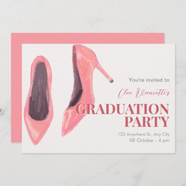 Pink hand drawn heels graduation party invitation (Front/Back)