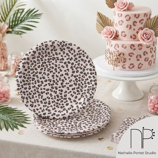 Pink Hand-Drawn Leopard Print Paper Plate (Cute hand-drawn leopard spots against a pastel pink background for safari party tableware for her)