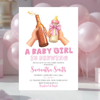 Pink Hand Drawn Minimalist A baby girl is brewing Invitation