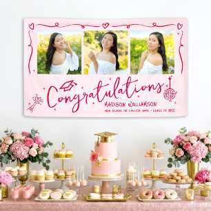 Pink Hand Drawn Red Doodles Graduation 3 Photo Fun Banner
