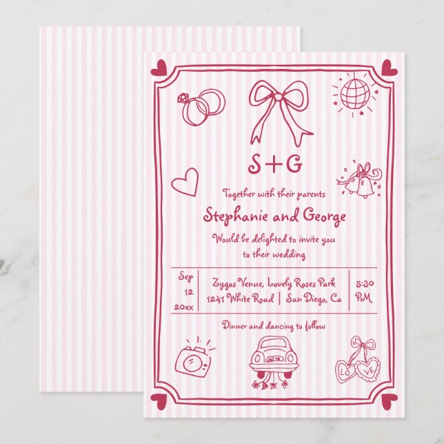 Pink hand drawn scribble doodle, stripes wedding invitation (Front/Back)