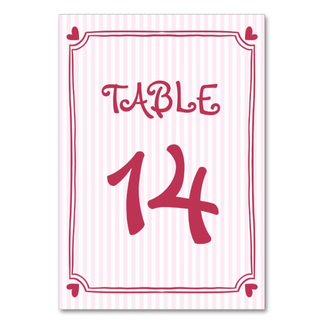 Pink hand drawn scribble doodle, stripes wedding table number (Front)