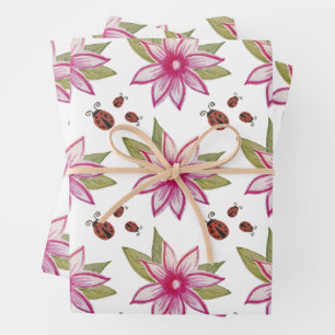 Pink hand drawn Spring Flower Ladybugs Wrapping Paper Sheet