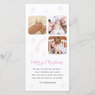 Pink Hand Drawn Star Baby First Photo Christmas Holiday Card