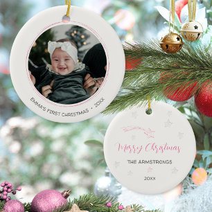 Pink Hand Drawn Stars Baby First Christmas Photo Ceramic Ornament