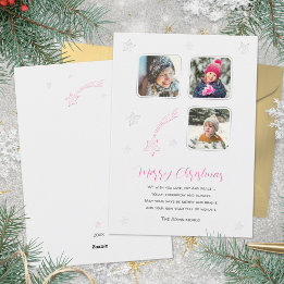 Pink Hand Drawn Stars Family 3 Photo Christmas Holiday Card