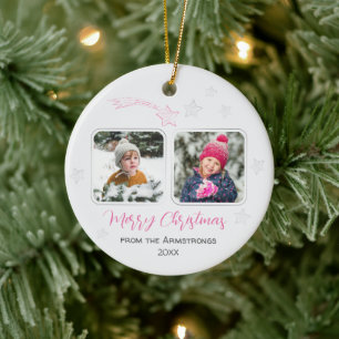 Pink Hand Drawn Stars Family 4 Photo Christmas Ceramic Ornament