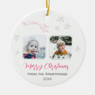 Pink Hand Drawn Stars Family 4 Photo Christmas Ceramic Ornament