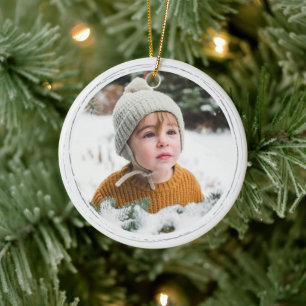 Pink Hand Drawn Stars Round Photo Christmas Ceramic Ornament