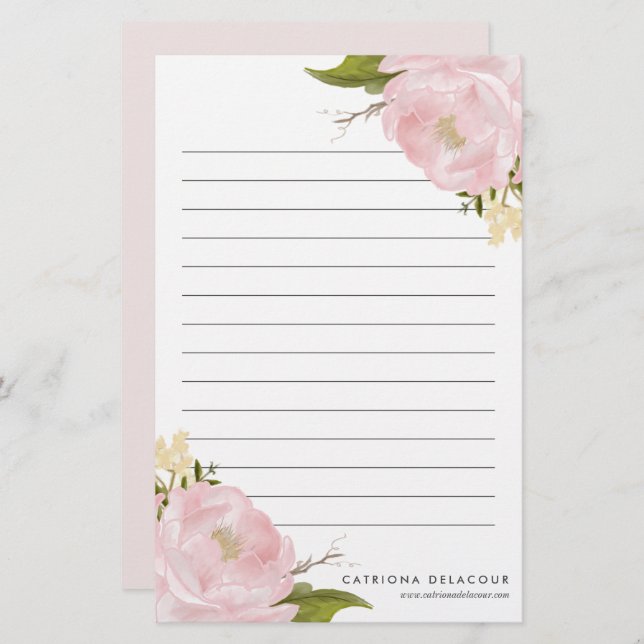 Pink Hand Drawn Watercolor Peonies Personalized Stationery (Front/Back)