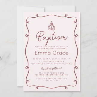 Pink Hand Drawn Whimsical Baptism Invitation