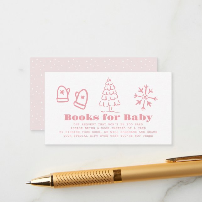 Pink Hand-Drawn Winter Baby Shower Book Request Enclosure Card (Front/Back In Situ)