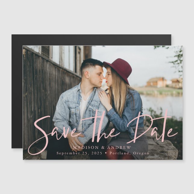 Pink Hand-Lettered Script Photo Save The Date Magnetic Invitation (Front/Back)