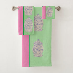 Pink Hand Painted Chinoiserie Ginger jar jars  Bath Towel Set