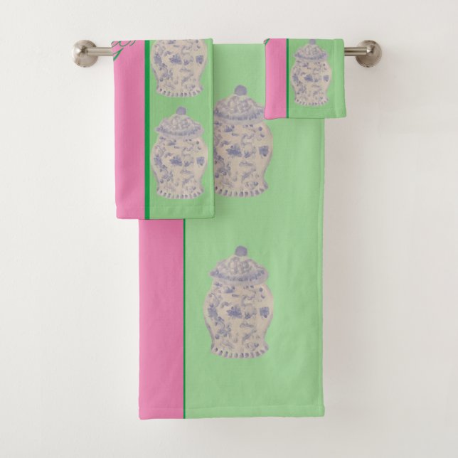 Pink Hand Painted Chinoiserie Ginger jar jars  Bath Towel Set (Insitu)