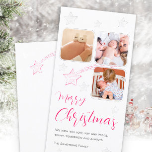 Pink Handdrawn Shooting Star Three Photo Holiday Card