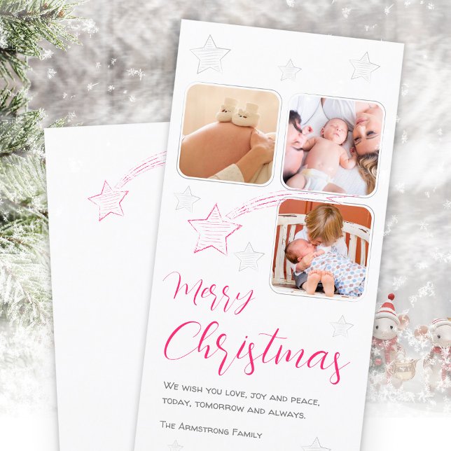 Pink Handdrawn Shooting Star Three Photo Holiday Card (Pink Shooting Star Handdrawn 3 Photo Script Holiday Card ©Susanne Sachers - Sunny Mind Design 🌞)