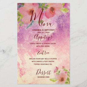 Pink handmade watercolor floral wedding menu flyer