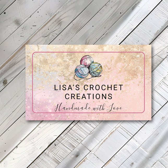 Pink Handmade with Love Crochet Yarn Balls Small Business Card (Creator Uploaded)