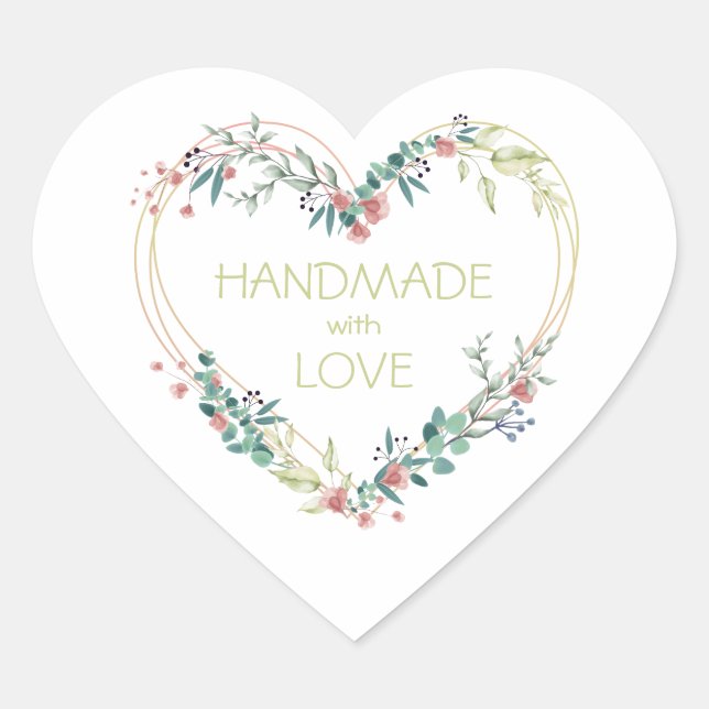 Pink Handmade with Love Quote Floral Heart Heart Sticker (Front)