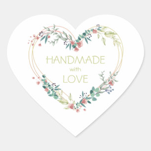 Pink Handmade with Love Quote Floral Heart Sticker