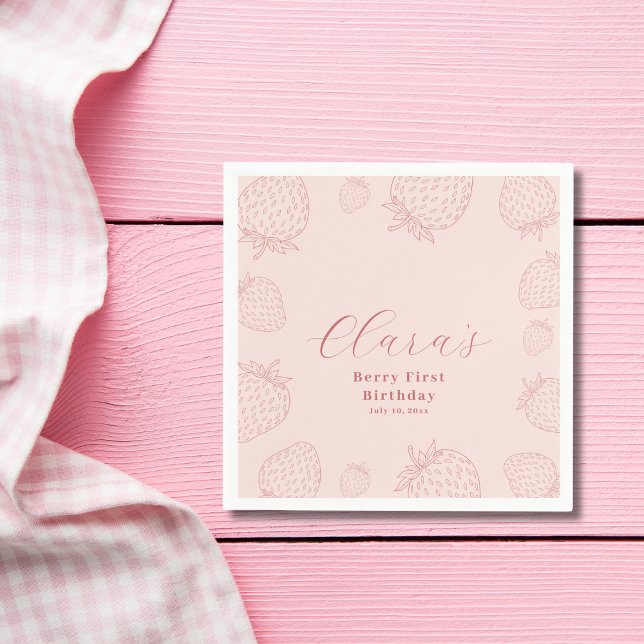Pink Handraw Minimalist Strawberry Birthday  Napkin (Creator Uploaded)