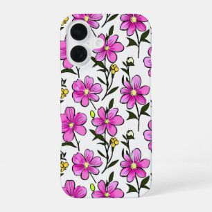 Pink handrawn flowers daisies floral pattern iPhone 16 case