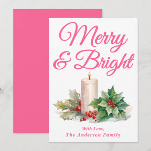 Pink Handwritten Script Merry & Bright Holiday Card