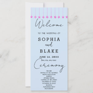 Pink Hanging Stars Light Blue Wedding Program