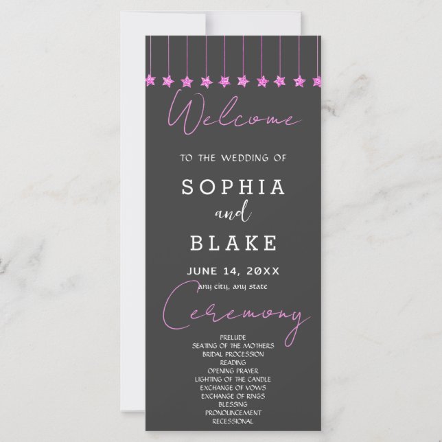 Pink Hanging Stars Smoke Grey Wedding Program (Front)