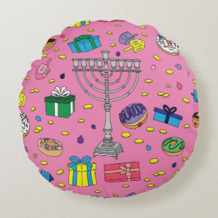 Pink Hanukkah Pattern Round Pillow