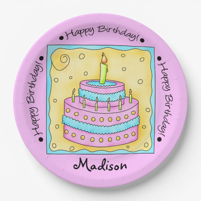 Pink Happy 1st Birthday Cake Name Personalized Paper Plate (Front)