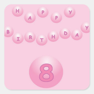 Pink Happy Birthday Balls Age 8 Square Sticker