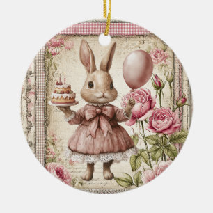 Pink happy birthday bunny ceramic ornament