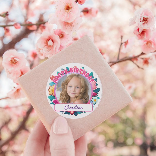 Pink Happy Birthday, flowers and hearts customizab Classic Round Sticker (Creator Uploaded)