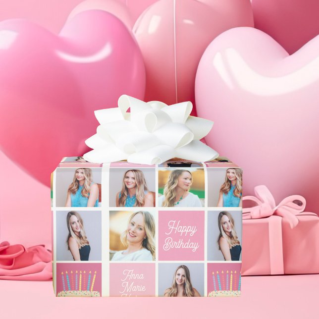 Pink Happy Birthday Girl Photo Collage Cute Teen Wrapping Paper (Creator Uploaded)