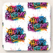 Pink Happy Birthday Graffiti Plastic Coaster
