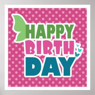 Pink happy birthday poster for girls.